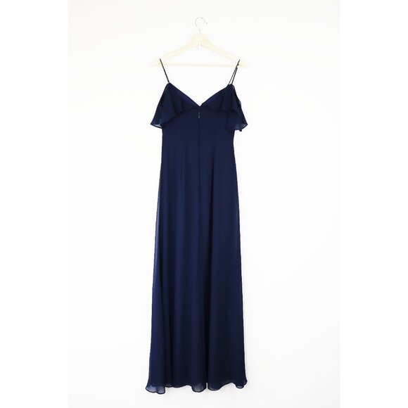 NEW Bill Levkoff Jodi Navy Chiffon Spaghetti Strap A-line Gown Maxi Dress Blue 2 - Picture 3 of 9